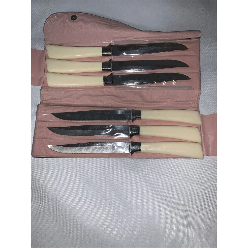 Vintage WASHINGTON FORGE 6 Steak Knife Set Stainless Butterscotch